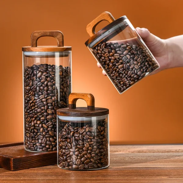 Wood Lid Glass Jar Airtight Canister Food Container Tea Coffee Beans Kitchen Storage Bottles Jar Sealed